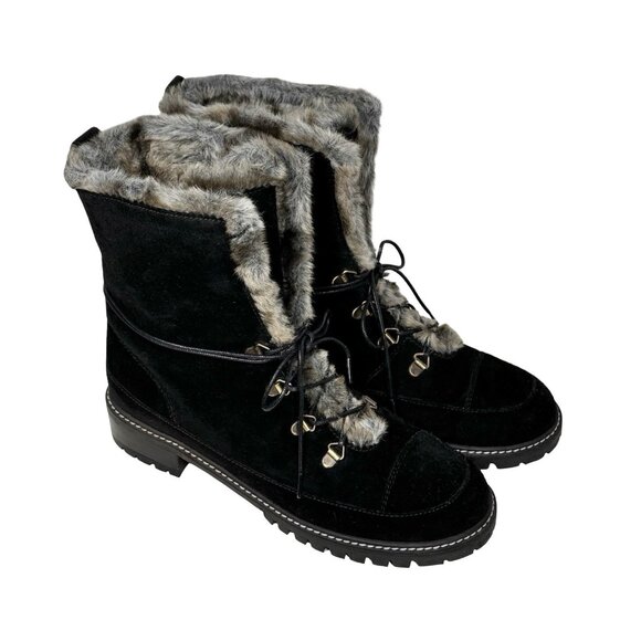 Stuart Weitzman Luge Bootie SZ 9 Fur Lined Lace Up Black Suede Winter Flat Warm - Picture 4 of 14